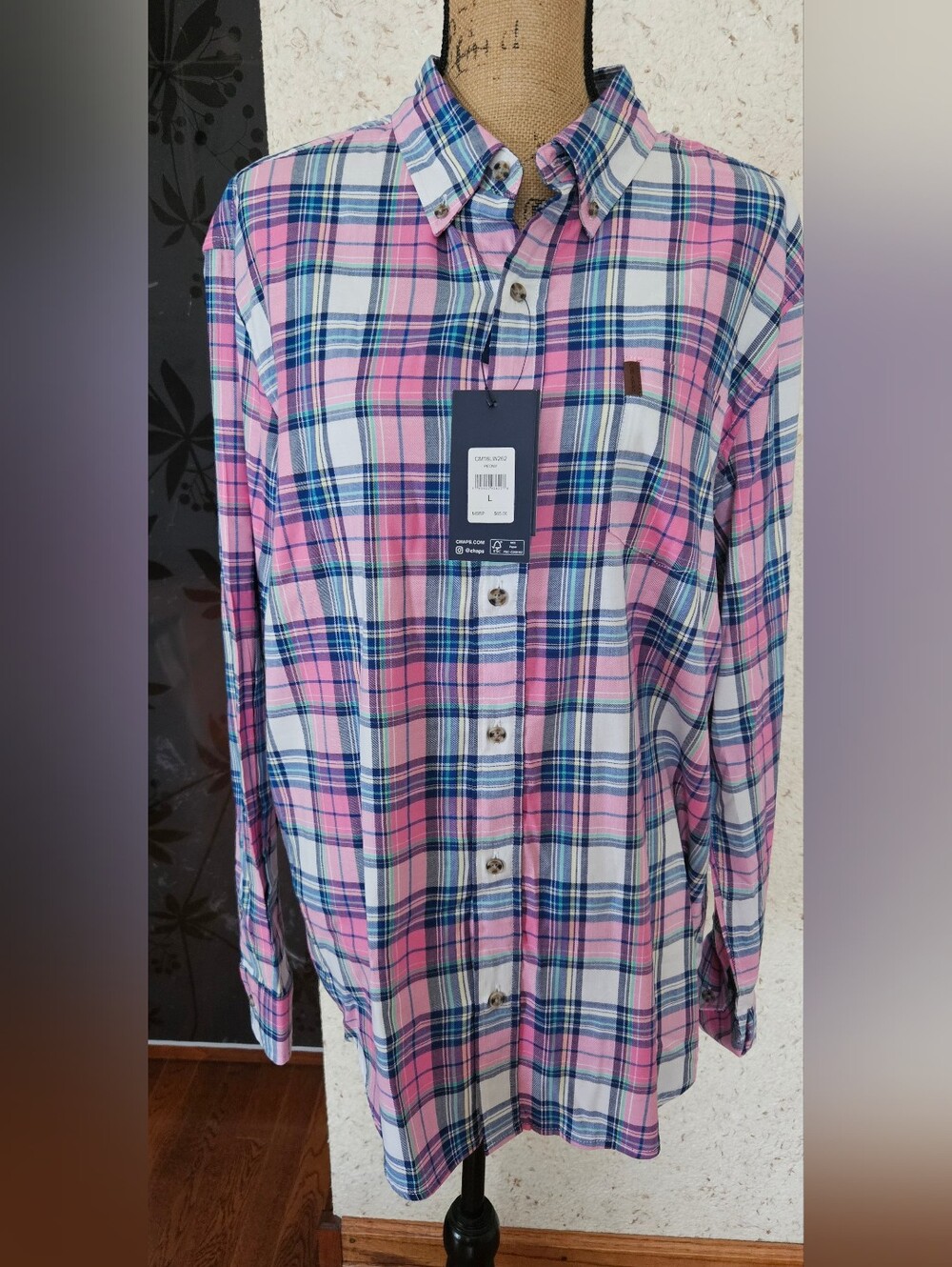 Chaps Pink and Blue Plaid Button-Down Shirt.